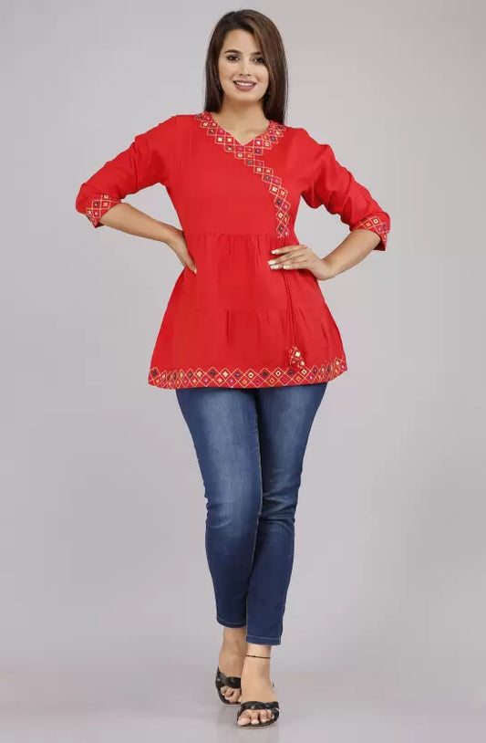 Red Rayon Top with Embroidery Work - Length 30