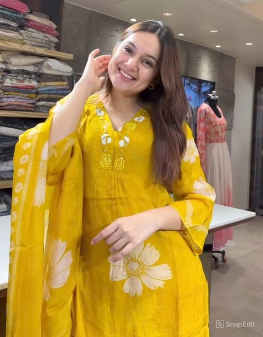 Yellow Cotton Floral Print Kurti Set with Malmal Dupatta & Yoke Work