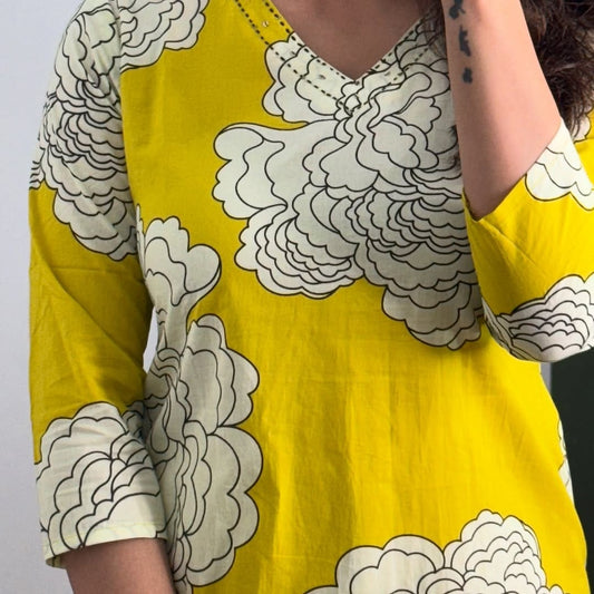 Yellow Cotton Kurti Plazo Set with Kantha & Sequence Work