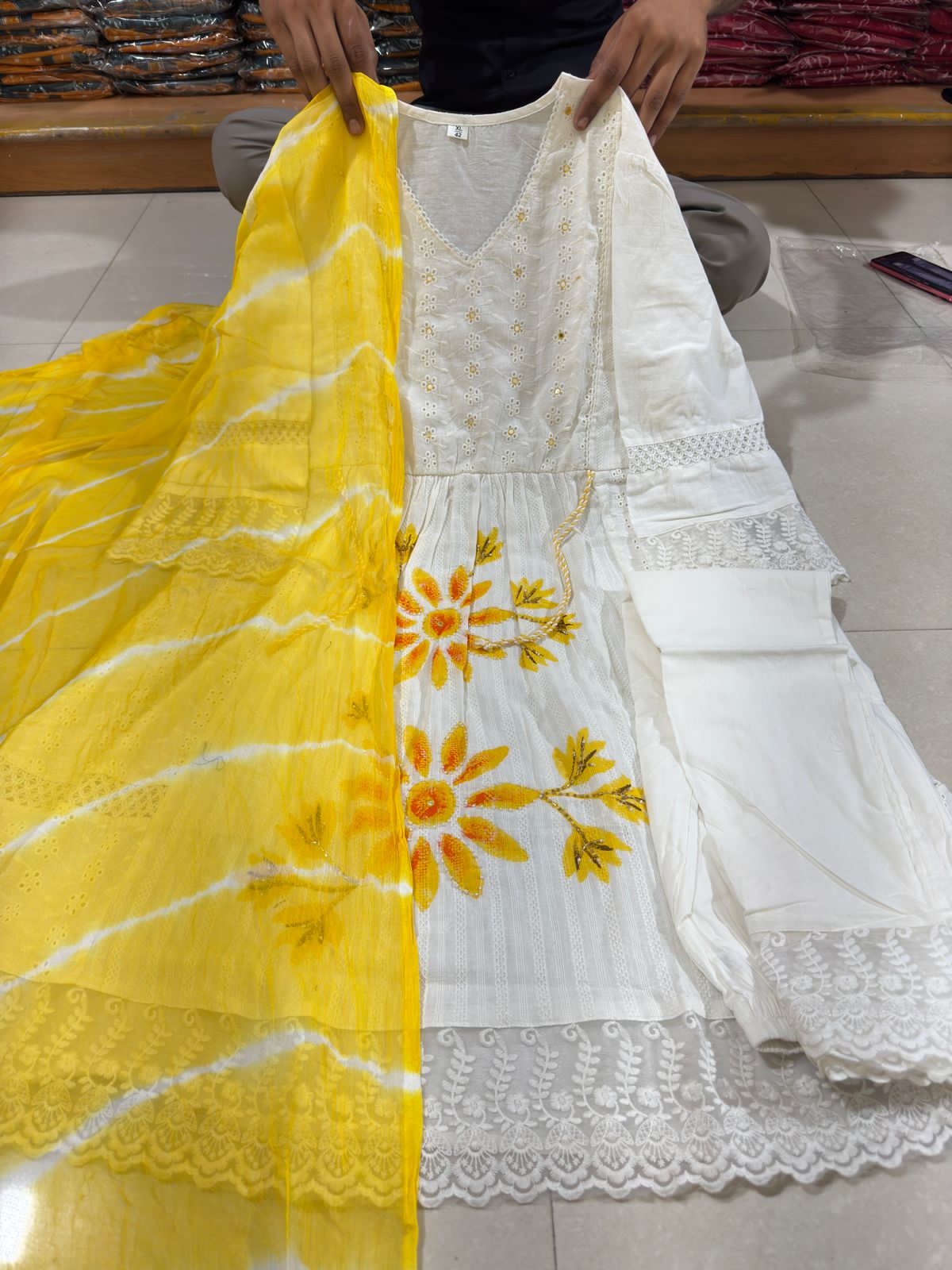 Yellow Floral Embroidery Cotton Blend 3-Piece Suit Set