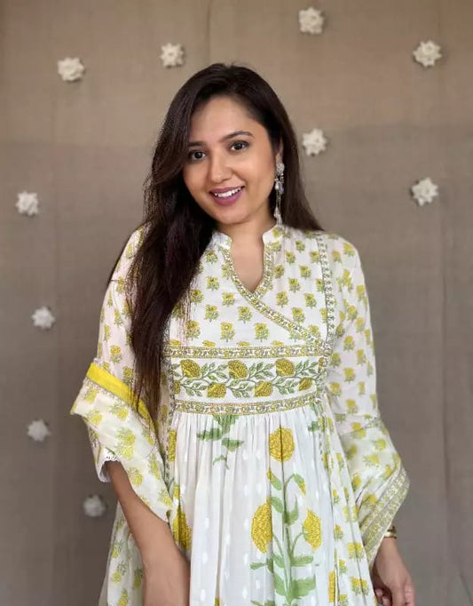Yellow Floral Printed Cotton Angrakha Kurti Set with Sequin Work & Mul Cotton Dupatta