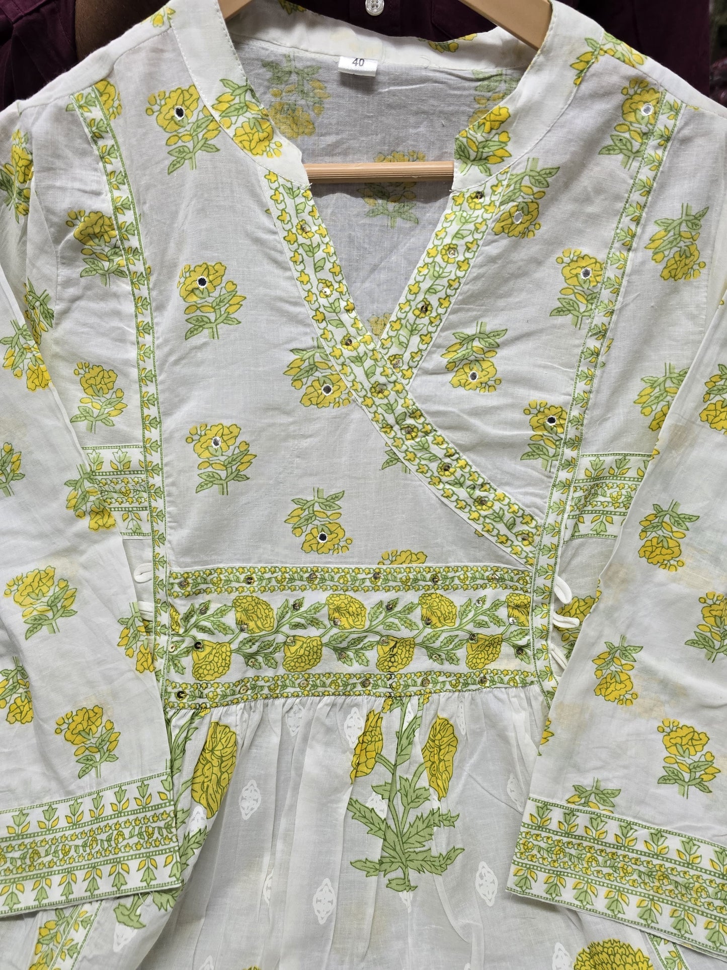 Yellow Floral Printed Cotton Angrakha Kurti Set with Sequin Work & Mul Cotton Dupatta