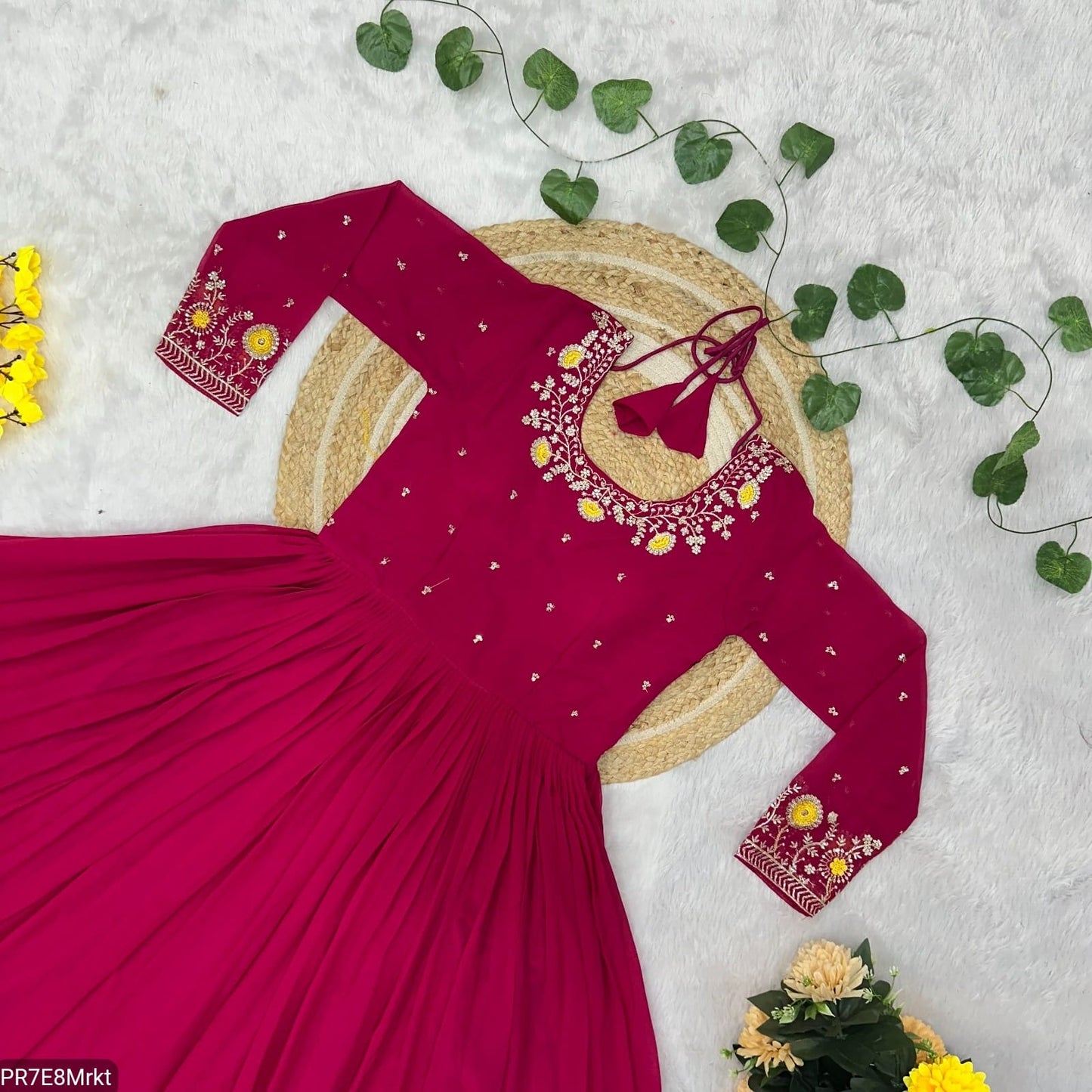 Yellow Frill Faux Embroidered Gown with 4 Meter Flair