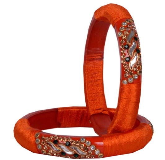 sukriti stylish designer orange silk thread acrylic bangles for girls, women - set of 2