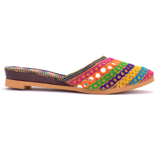 sukriti stylish handmade kasheda slip-on phulkari mirror and silk fabric multicolour mojari jutti for girls & women