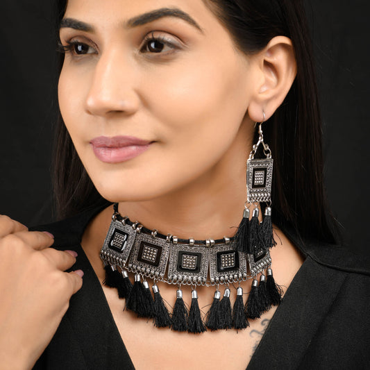 Sukriti Oxidized German Silver Black Silk Thread Choker Necklace Earring Set Gujrati style for Women & Girls