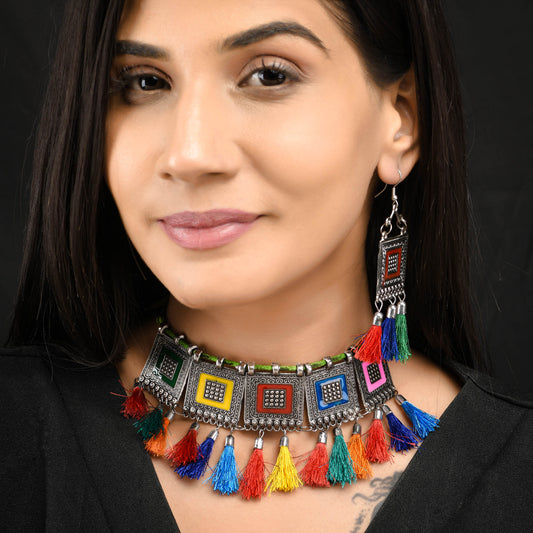 Sukriti Oxidized German Silver Silk Thread Multicolor Choker Necklace Earring Set Gujrati style for Women & Girls