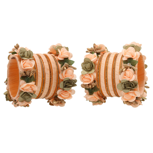 sukriti stylish designer party wedding wear flower silk thread peach bangles for girls & women – set of 18