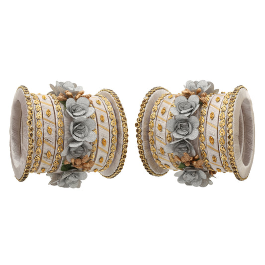 sukriti stylish handmade grey flower designer silk thread plastic bridal chuda wedding bangles for women – set of 18