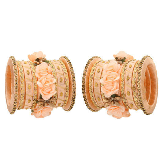 sukriti stylish handmade peach flower designer silk thread plastic bridal chuda wedding bangles for women – set of 18