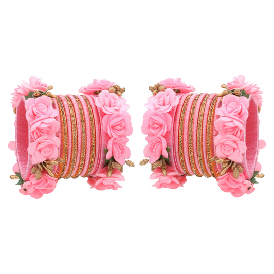 sukriti beautiful handcrafted babypink flower designer silk thread bridal chuda wedding bangles for women – set of 22