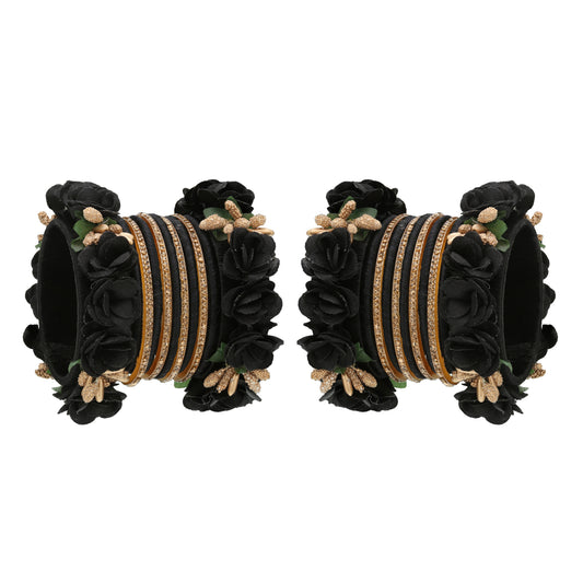 sukriti beautiful handcrafted black flower designer silk thread bridal chuda wedding bangles for women – set of 22