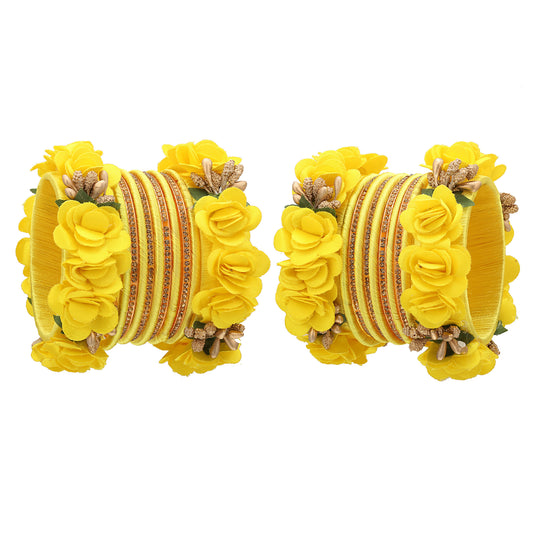 sukriti beautiful handcrafted lemonyellow flower designer silk thread bridal chuda wedding bangles for women – set of 22
