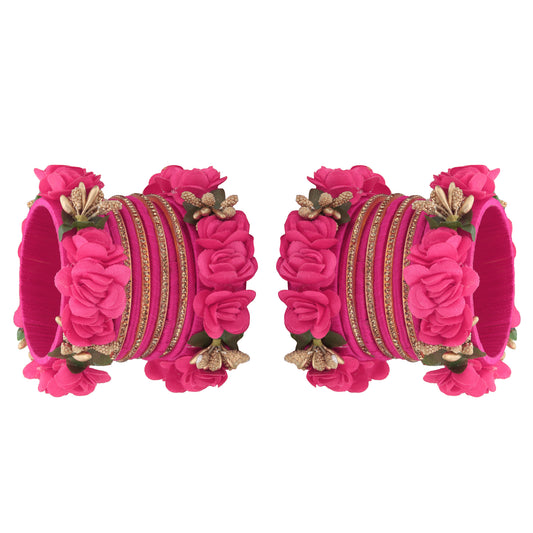 sukriti beautiful handcrafted magenta flower designer silk thread bridal chuda wedding bangles for women – set of 22