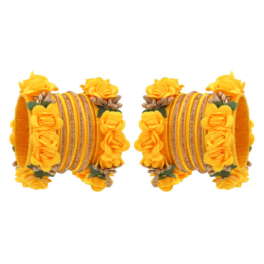 sukriti beautiful handcrafted mangoyellow flower designer silk thread bridal chuda wedding bangles for women – set of 22