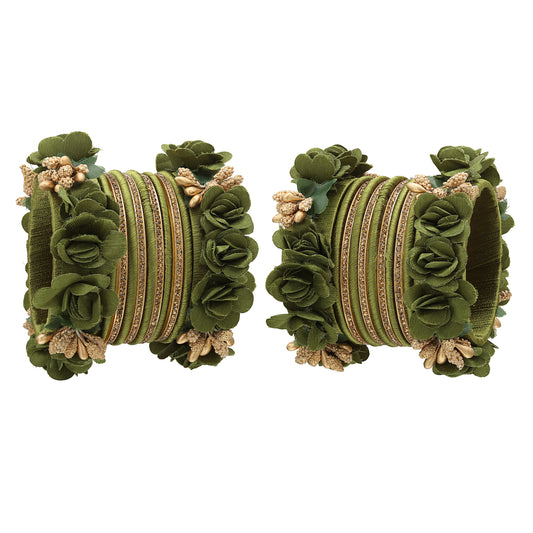 sukriti beautiful handcrafted mehandigreen flower designer silk thread bridal chuda wedding bangles for women – set of 22