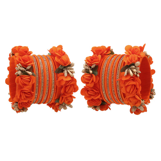 sukriti beautiful handcrafted orange flower designer silk thread bridal chuda wedding bangles for women – set of 22