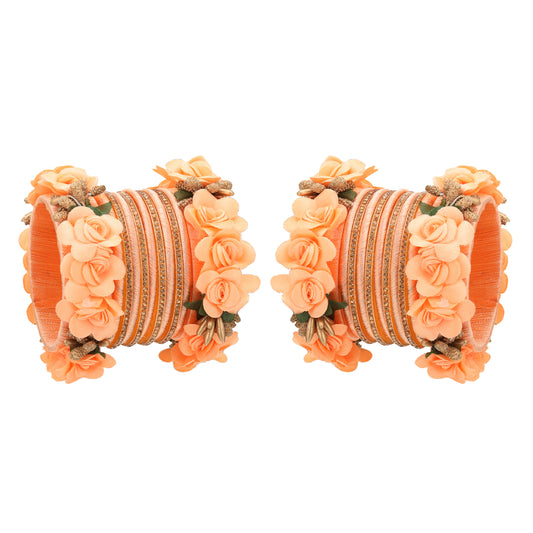 sukriti beautiful handcrafted peach flower designer silk thread bridal chuda wedding bangles for women – set of 22