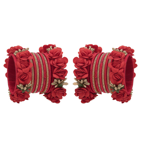 sukriti beautiful handcrafted red flower designer silk thread bridal chuda wedding bangles for women – set of 22