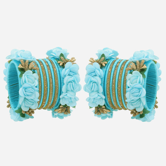 sukriti beautiful handcrafted skyblue flower designer silk thread bridal chuda wedding bangles for women – set of 22