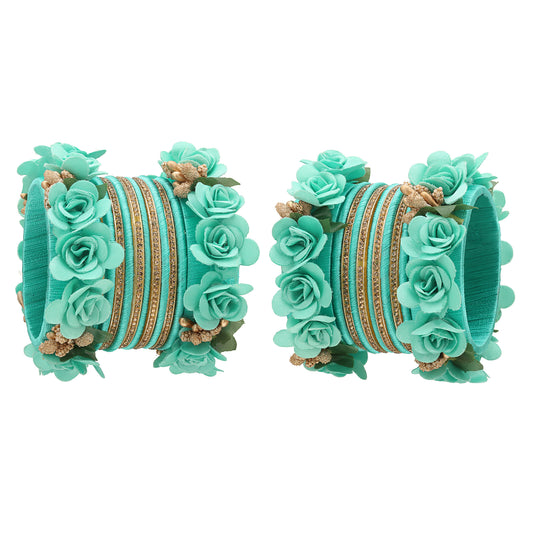 sukriti beautiful handcrafted turquoise flower designer silk thread bridal chuda wedding bangles for women – set of 22