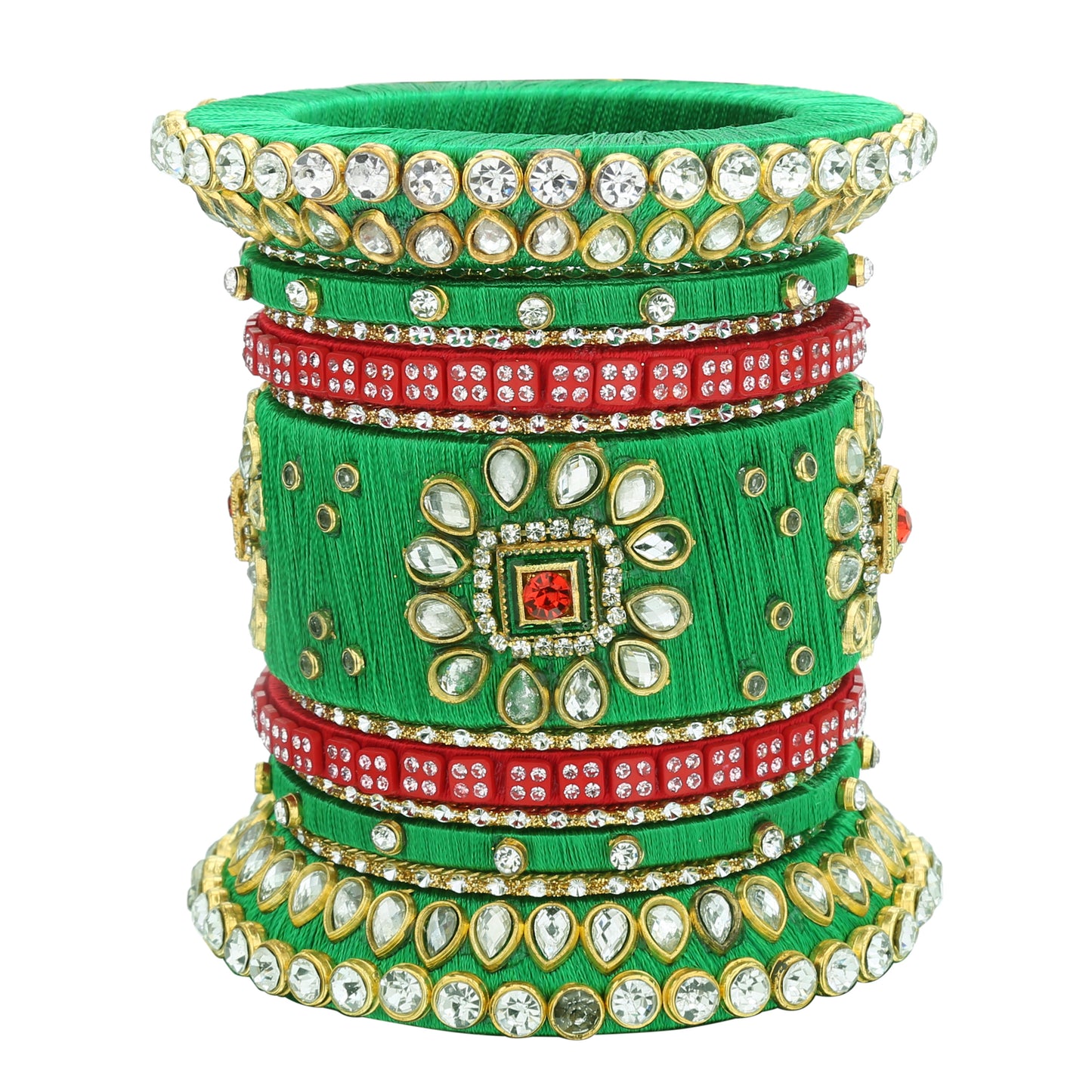sukriti silk thread fabric stone/kundan studded chura/chuda dhalu style handmade wedding green bangle for women & girls - set of 26