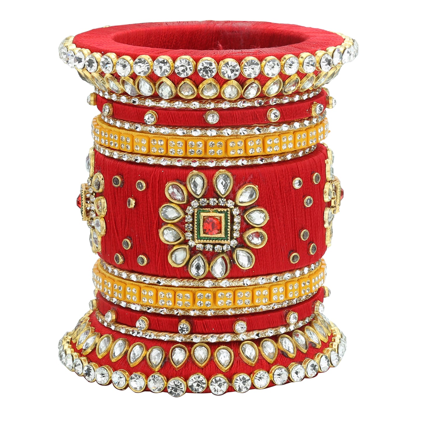 sukriti silk thread fabric stone/kundan studded chura/chuda dhalu style handmade wedding red bangle for women & girls - set of 26