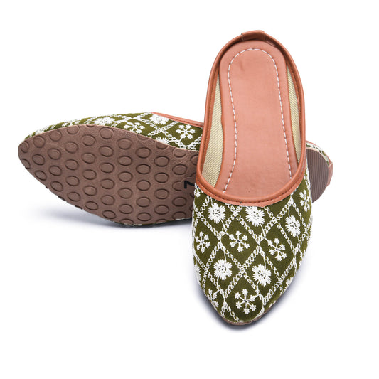 Sukriti Ethnic Traditional Handcrafted Latest Flower design Embroidery Rajasthani Bottle green Jutti | Nagra | Mojari | Shoes for Women & Girls