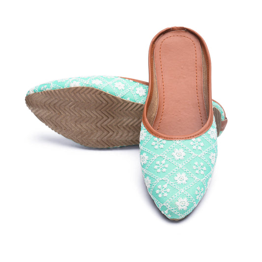 Sukriti Ethnic Traditional Handcrafted Latest Flower design Embroidery Rajasthani Light green Jutti | Nagra | Mojari | Shoes for Women & Girls