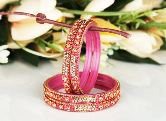 sukriti handcrafted glossy zircon crystal pink glass bangles for women – set of 4