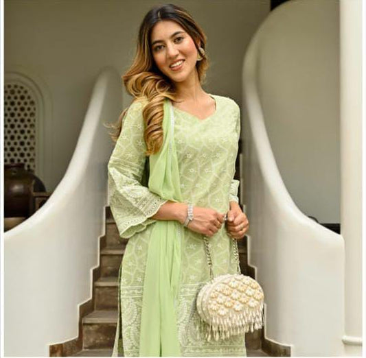 Green color Chikankari Embroidered Kurta set with Dupatta