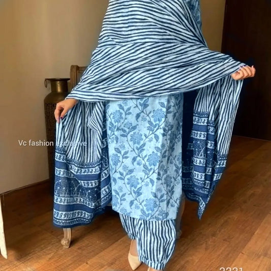 Indigo Bagru Hand-Block print style Kurta, Pant and Dupatta set with Gotta detailing work