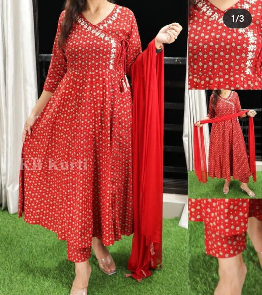 Embroidered Heavy Rayon Anarkali Kurti Pant Set with Chiffon Dupatta