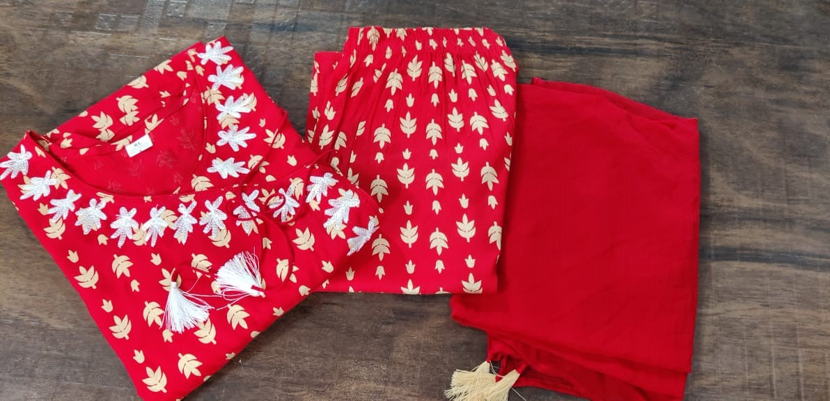 Embroidered Heavy Rayon Anarkali Kurti Pant Set with Chiffon Dupatta