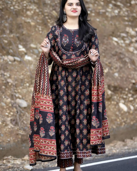 Festival Special Premium Cotton Lurex Anarkali Gota Lace Kurta with Pant and Dupatta