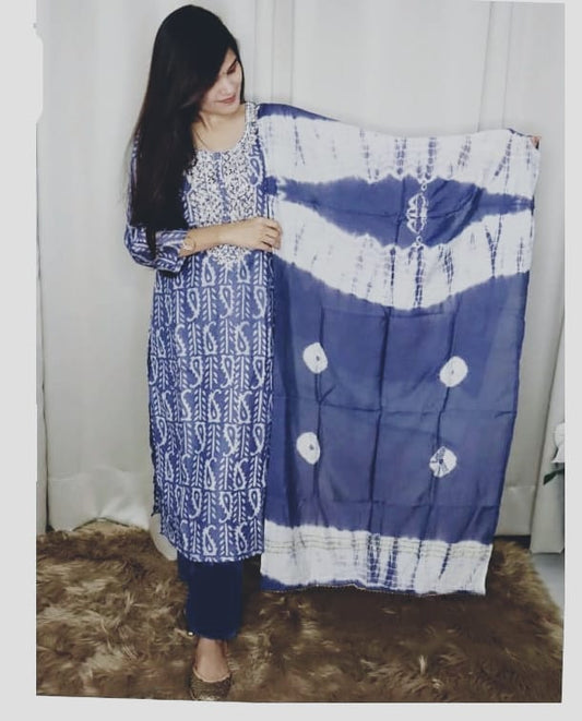 Stylish Printed Pure Rayon Suit Set with Embroidered Neckline