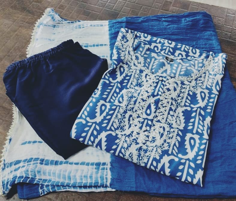 Stylish Printed Pure Rayon Suit Set with Embroidered Neckline