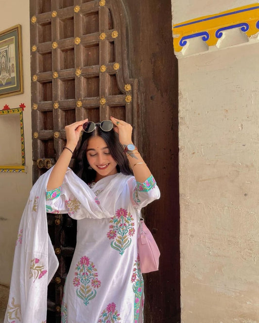 Stylish Hand Block Print Cotton Slit Kurta Palazzo Set with Dupatta