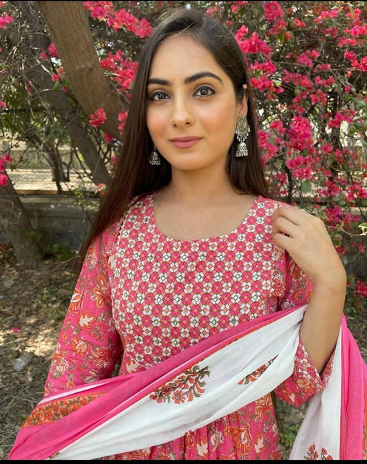 Stylish Printed Cotton Pink Kurti, Pant, and Dupatta Set