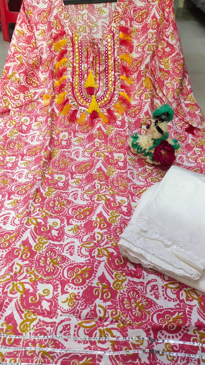 Elegant Rayon Pink Kaftan with Heavy Embroidery, Gotta Work, and Lace Design