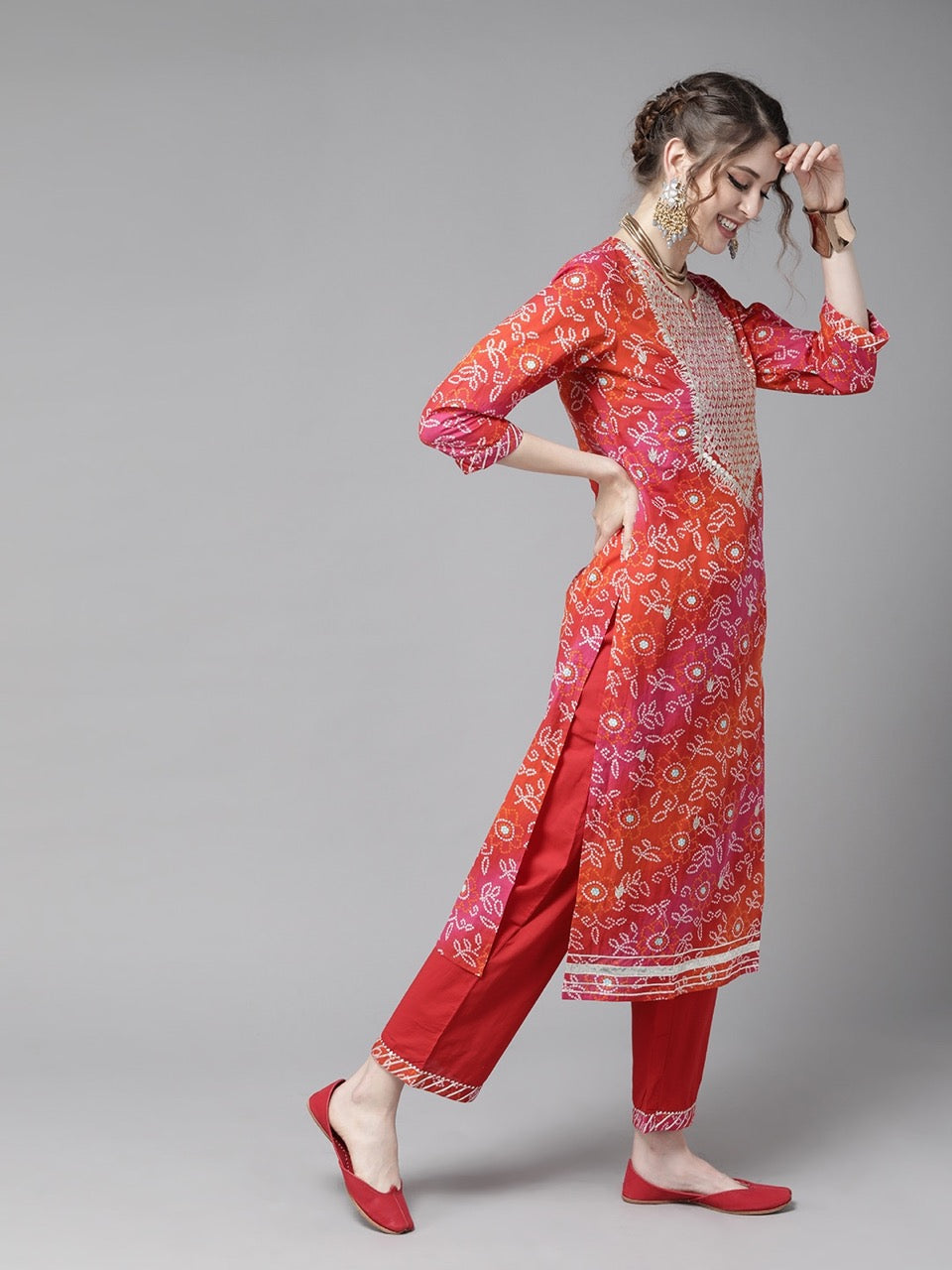 Traditional Kurta Set with Zari Embroidery and Gota Lace Work