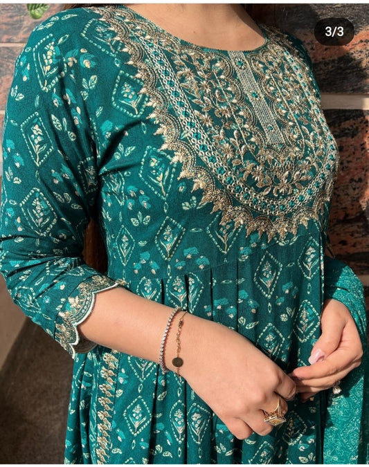 Heavy Rayon Teal Kurta Set with Naira Cut Embroidery and Printed Mulmul Dupatta