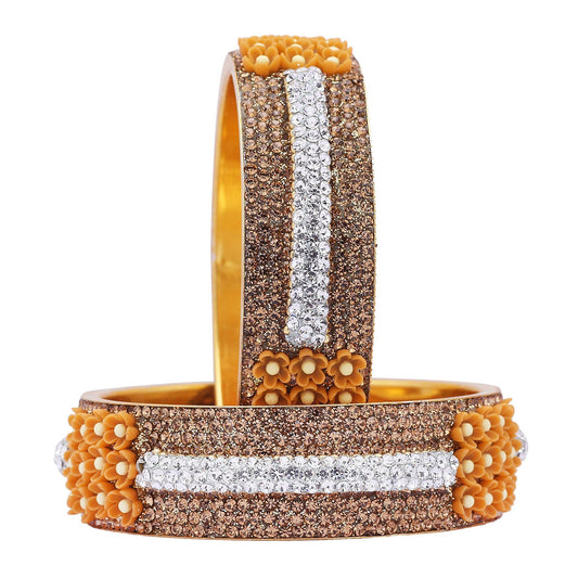 sukriti beautiful partywear flower brass kada gold-white bangles for women – set of 2