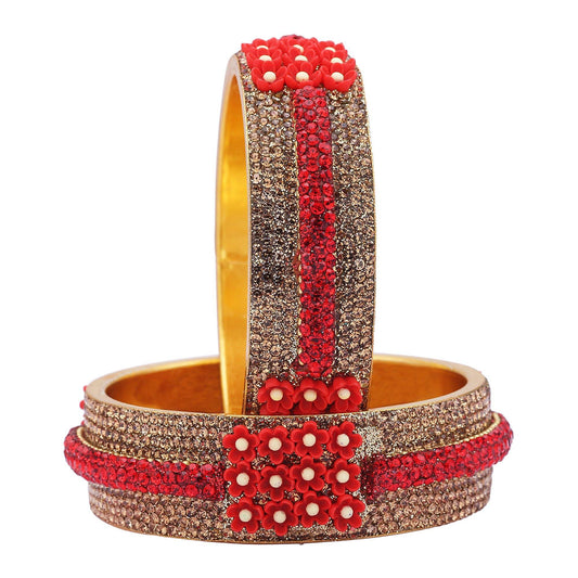 sukriti beautiful partywear flower brass red kada for women – set of 2