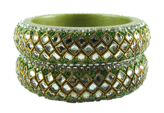 sukriti designer kundan green lac bangles for women - set of 2