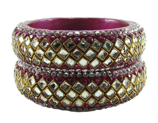 sukriti designer kundan magenta lac bangles for women - set of 2