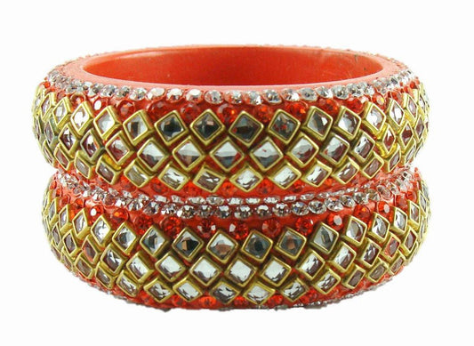 sukriti designer kundan orange lac bangles for women - set of 2