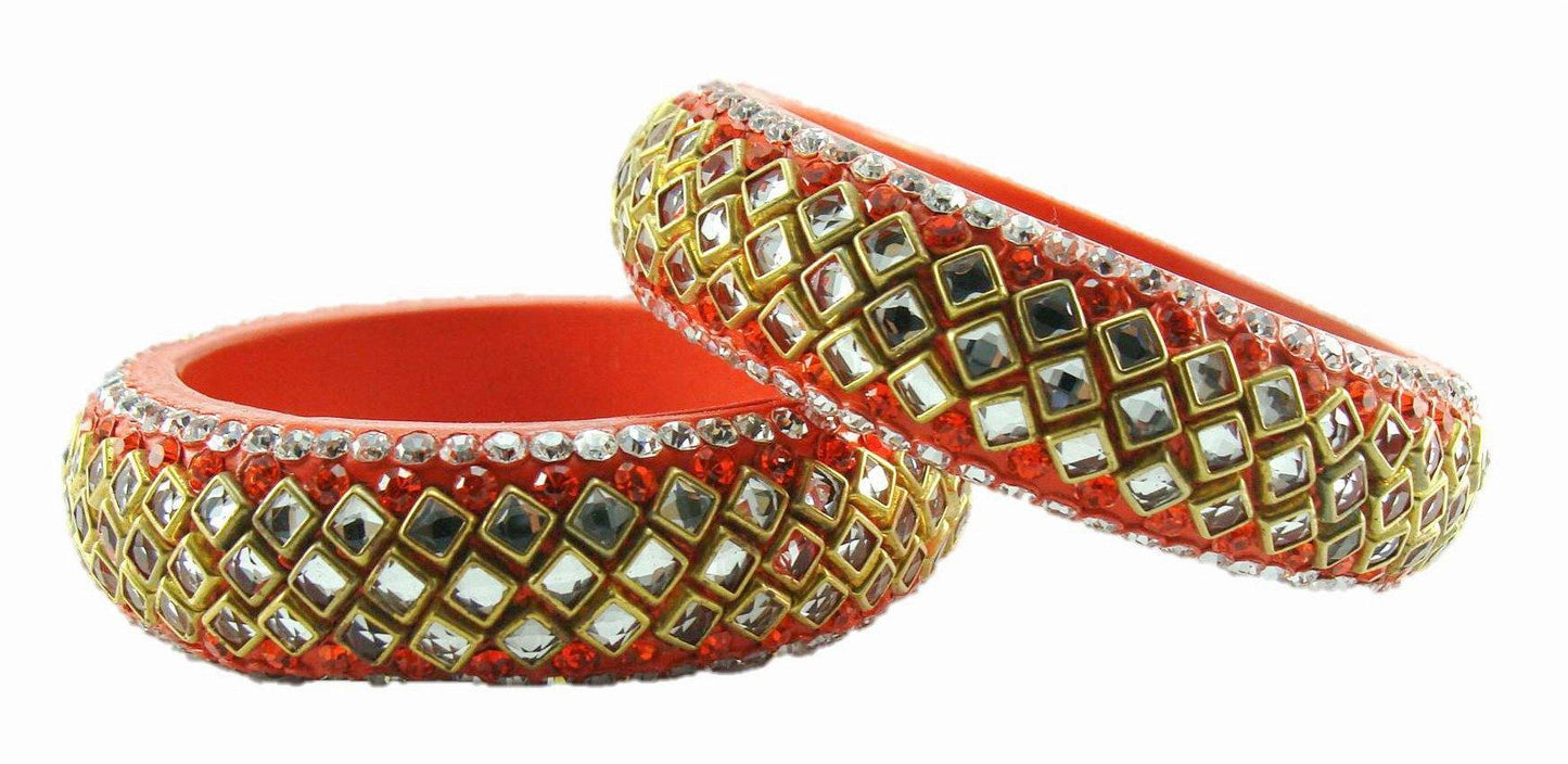 sukriti designer kundan orange lac bangles for women - set of 2