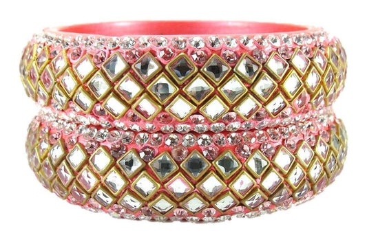 sukriti designer kundan pink lac bangles for women - set of 2