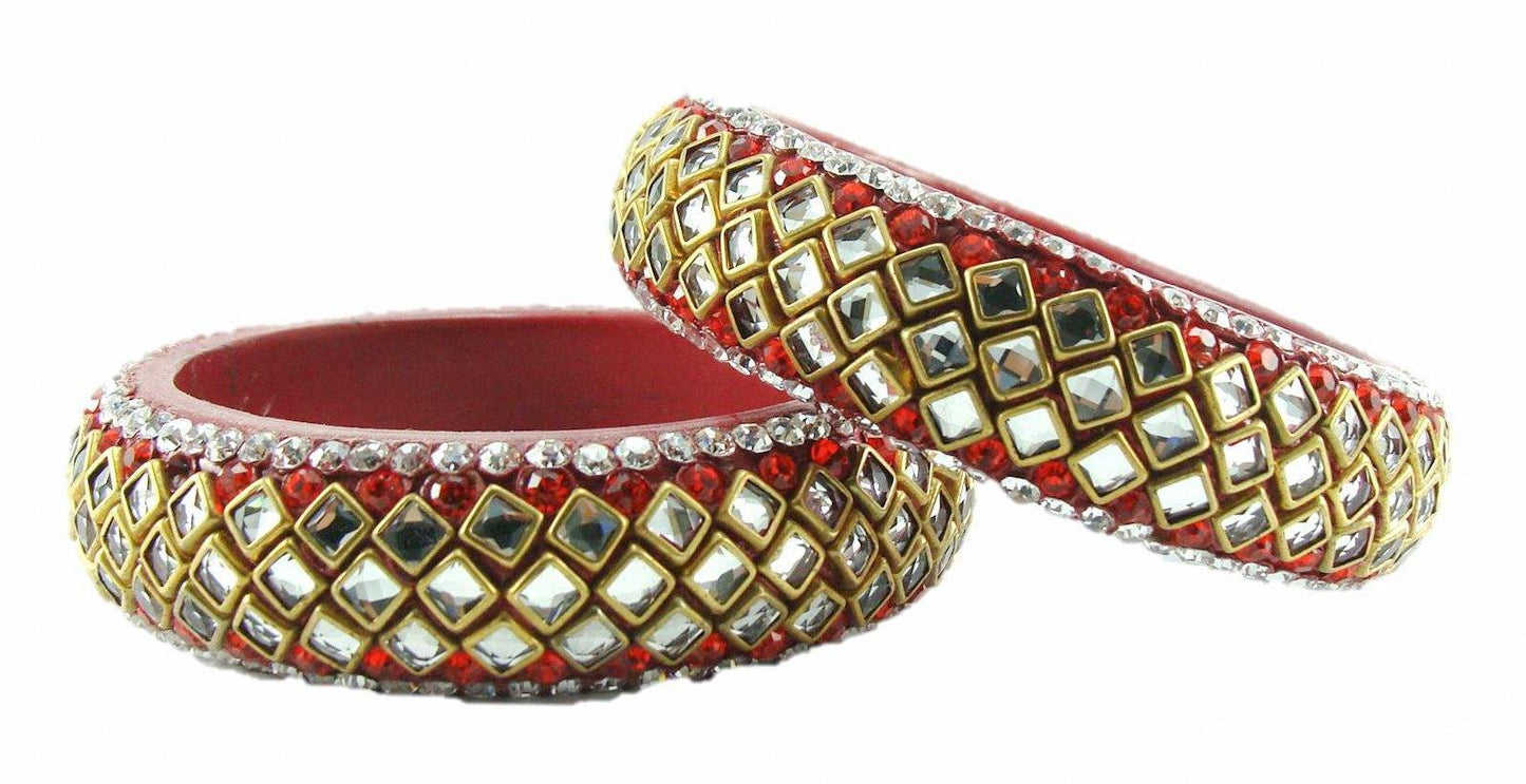 sukriti designer kundan red lac bangles for women - set of 2